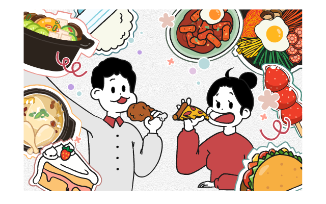 Eatty 서비스에서 사용한 음식과 두 사람의 식사 일러스트